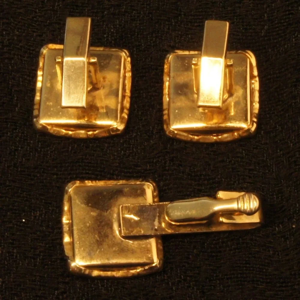 Mens Cufflinks & Tie Clip Set‎ Gold Tone Ivory Center Rhinestone Classic